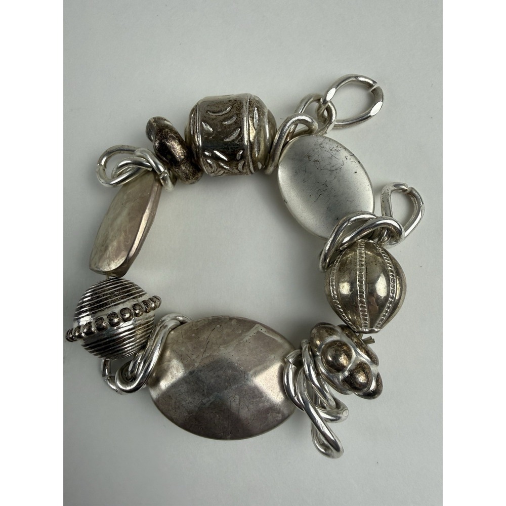 Vintage Silver Tone Chunky Beaded Charm Stretch Bracelet Artisan Style Statement
